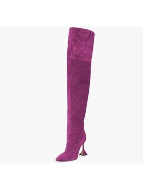 YDN Hot Pink Pointed Toe Pull on Block High Heel Over The Knee Boot Winter Shoes